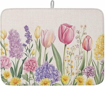 Spring Summer Floral Dish Drying Mat for Kitchen Counter Wildflowers Rustic Linen Texture Highly Absorbent Dish Drainer 18 x 24 Inches Dish Drying Pad for Kitchen Counter, Sink, Draining Racks 1PCS