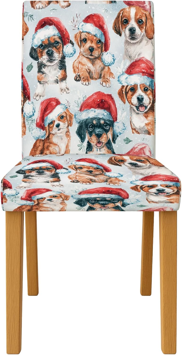 Dog Chair Covers for Dining Chairs, Christmas Fanciful Santa Hat Paw Print Xmas Red Spandex Washable Elastic Chair Protector Covers Decor for Kitchen Living Room Party 4pcs