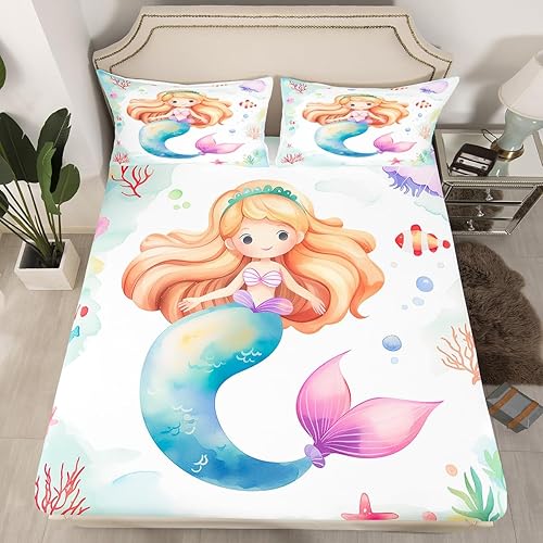 Erosebridal Lindas sábanas de sirena tamaño individual para niñas, sábanas de princesa kawaii, estrellas de mar, medusas, sábana bajera ajustable de