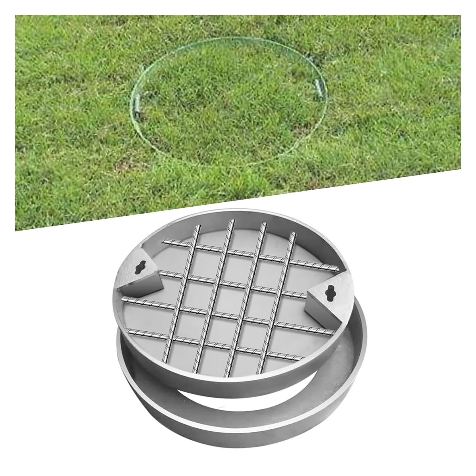 Tapa invisible para alcantarillado de patio residencial que oculta accesos con marco de 70 cm