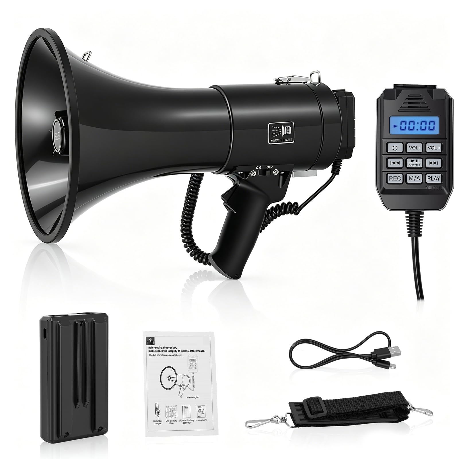 Megáfono portátil de 100 W con micrófono extraíble, Bluetooth, grabación USB, batería de 4800 mAh, alcance de 2000 m, 3 fuentes de alimentación, correa para el hombro para eventos, mercado, avisos de