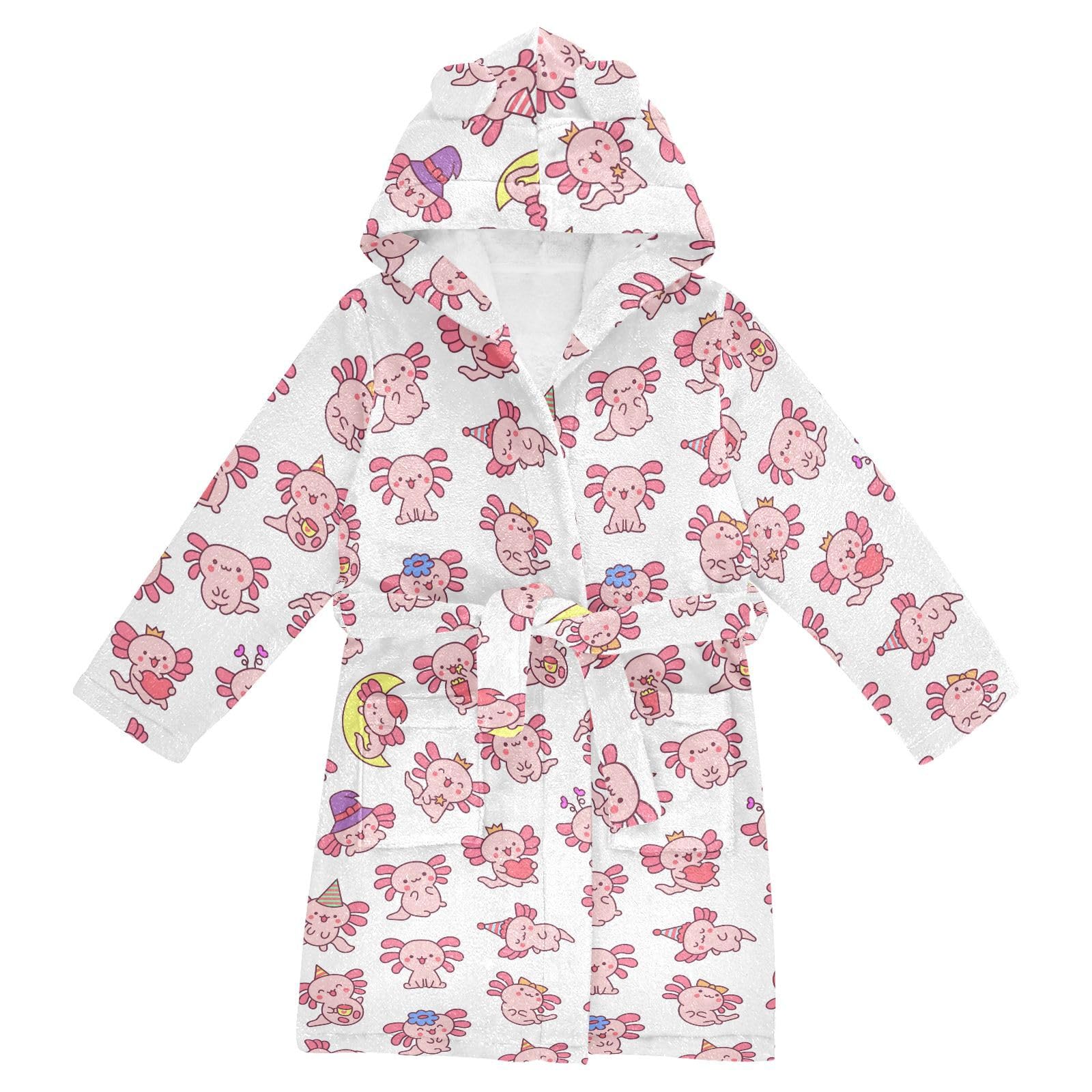 WIFIU Toddler Baby Hooded Bathrobe for Boys Girls Cute Kawaii Little Axolotl Printed, Soft Plush Bath Towel Robe with 2 Pockets for 7-9 Years