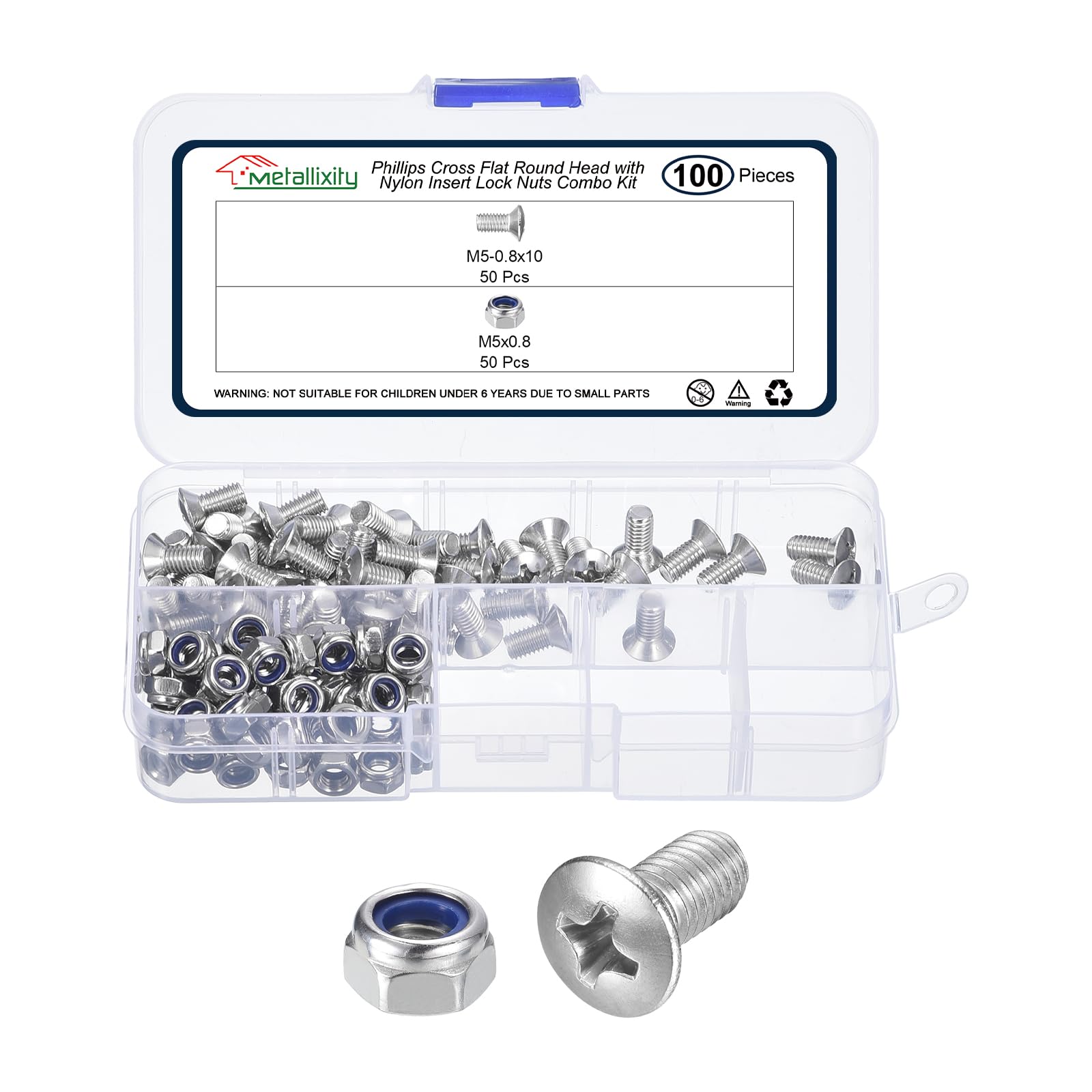 METALLIXITY Phillips Cross Flat Round Head Machine Screw with Nylon Insert Lock Nut Kit (M5-0.8x10) 100Pcs