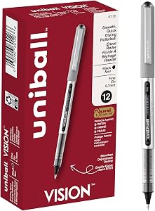 uni-ball VISION Rollerball, Stick Roller Ball Pen Fine-0.7mm, 12 Pack, Black Ink (60126)