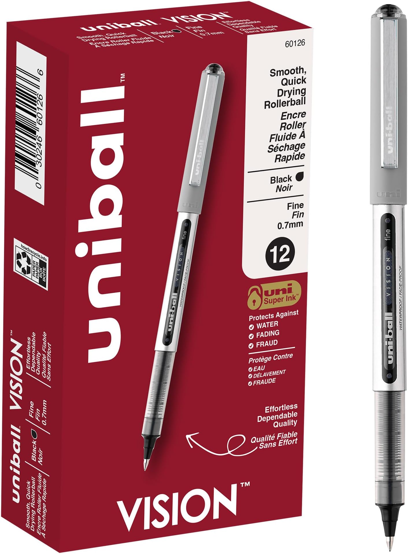 uni-ball(R) Vision(TM) Rollerball Pens, 0.7 mm, Fine Point, Gray Barrel, Black Ink, Pack Of 12, 60126