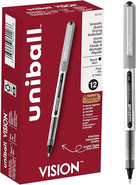 uni-ball VISION Rollerball, Stick Roller Ball Pen Fine-0.7mm, 12 Pack, Black Ink (60126)