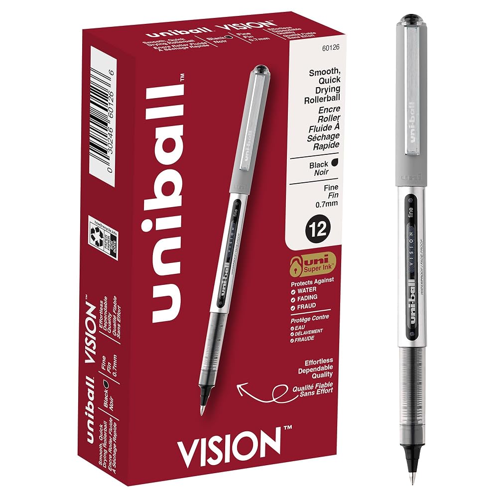 uni-ball(R) Vision(TM) Rollerball Pens, 0.7 mm, Fine Point, Gray Barrel, Black Ink, Pack Of 12, 60126