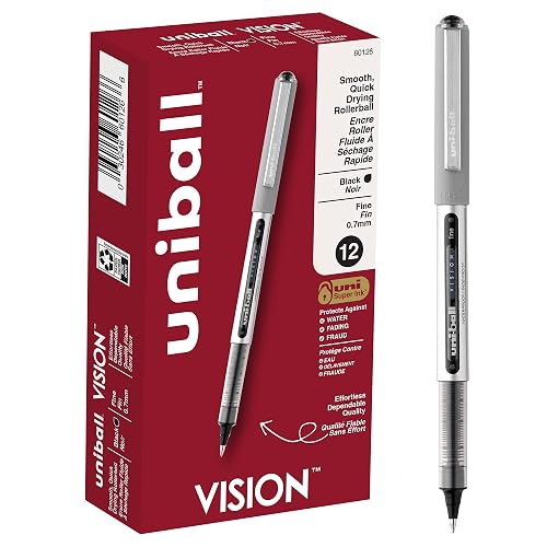 uni-ball(R) Vision(TM) Rollerball Pens, 0.7 mm, Fine Point, Gray Barrel, Black Ink, Pack Of 12, 60126