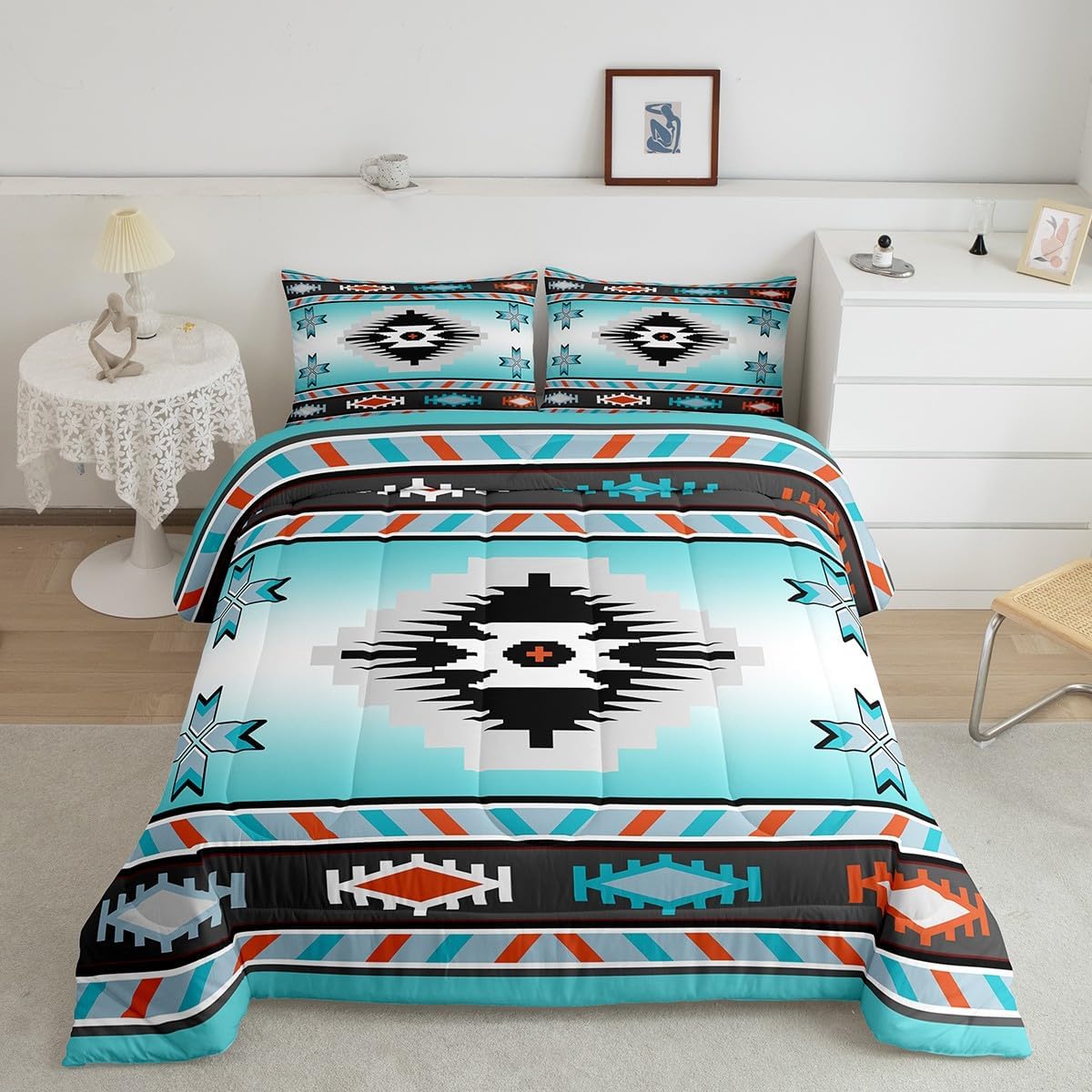 Erosebridal Western Comforter Set for Boys Girls Bohemian Exotic Tribal Bedding Set King Size Retro Ethnic Aztec Bed Set Comforter Southwestern Indian Duvet Insert,Teal White,3 Pcs - Image 3