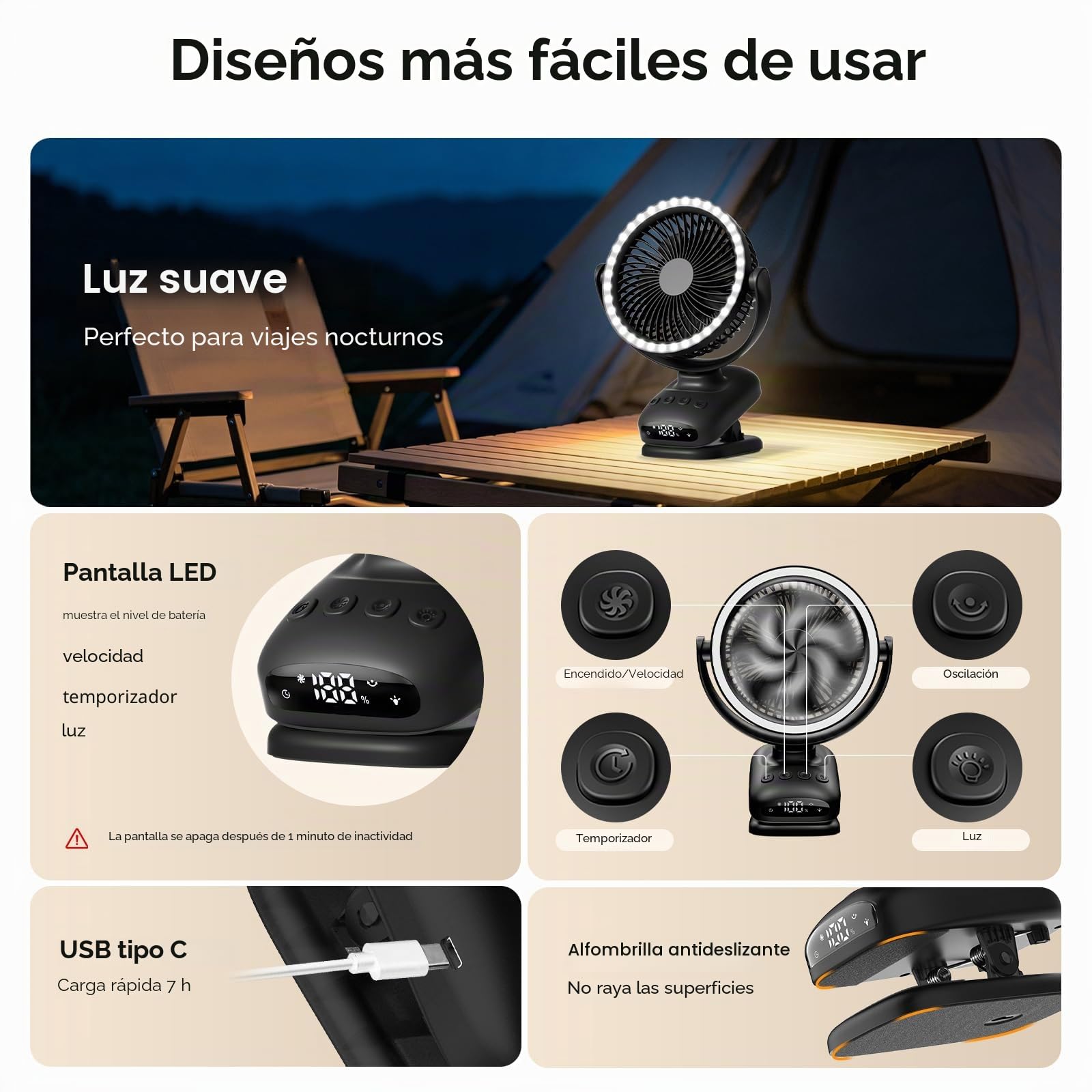 WUQNGI Mini Ventilador Portatil, 10000mAh USB Ventilador Silencioso, Pequeños Ventilador de Mesa con Pinza y Temporizador, Oscilación Automática, Luces LED para Coche Carro Bebe Autocaravana Camping