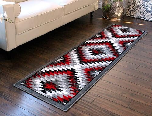 Masada Rugs, Stephanie Collection - Alfombra de área del suroeste de nativos americanos, diseño desgastado 1106 rojo, gris, blanco y negro (2 pies x