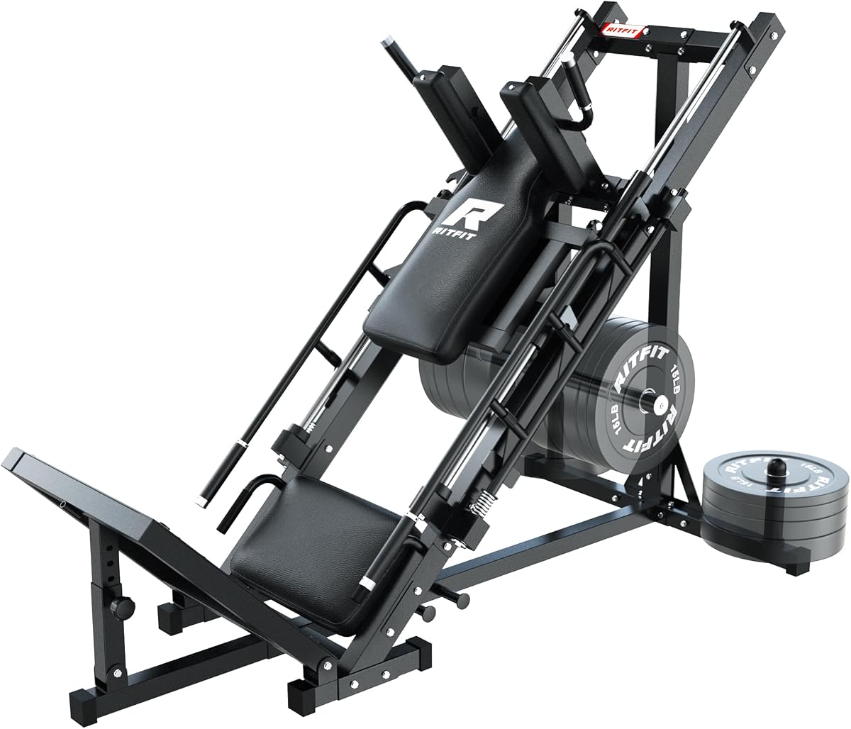 Máquina de sentadillas Hack con prensa de piernas RitFit con rodamiento lineal, capacidad de 1200 lb | Marco de acero de aleación con 5+3 ángulos ajustables, reposapiés de diamante, almacenamiento de pesas y capacidad de 1200 libras para gimnasio en casa