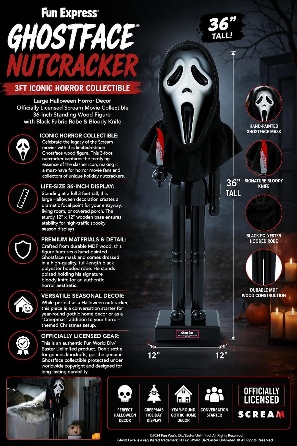Fun Express 3 Foot Ghostface Collectible Holiday Horror Nutcracker - Halloween Decoration