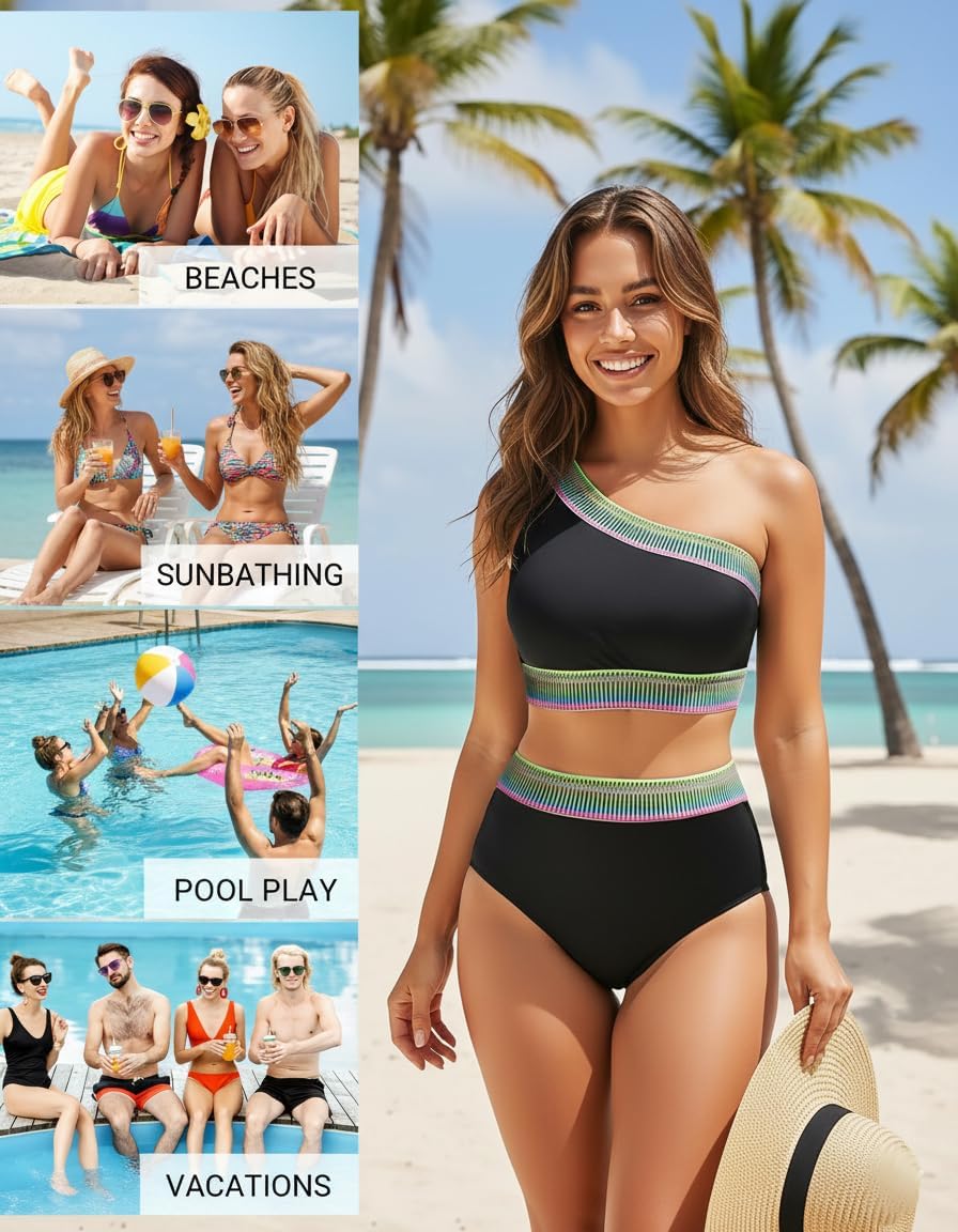 Tempt Me Women High Waisted Bikini Set - One Shoulder Two Piece Swimsuits Color Block Bathing Suits with Swimwear Bottom