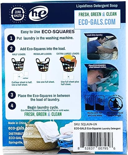 Miniatura 10 de Eco-Gals Eco-Squares Hojas de detergente para ropa fórmula suave con tecnología de jabón seco cero residuos para limpiar ropa y ropa en lavadoras