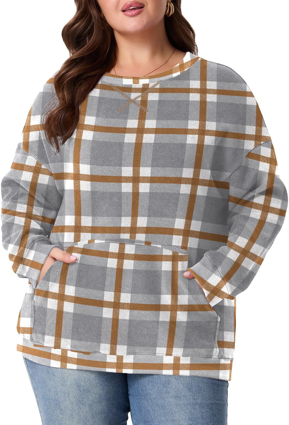 OLRIK Women Plus Size Sweatshirt Oversized Corduroy Crewneck Pullover Sweater with Kangaroo Pocket Fall Winter