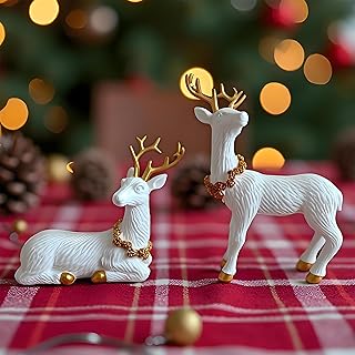 Reindeer Christmas Decoration, 2PCS Deer Christmas Decor, Reindeer Figurines for Christmas Decor, Small Decorative Deer Figurines for Indoor Christmas Table Mantle Decorations (Pine Cone White)