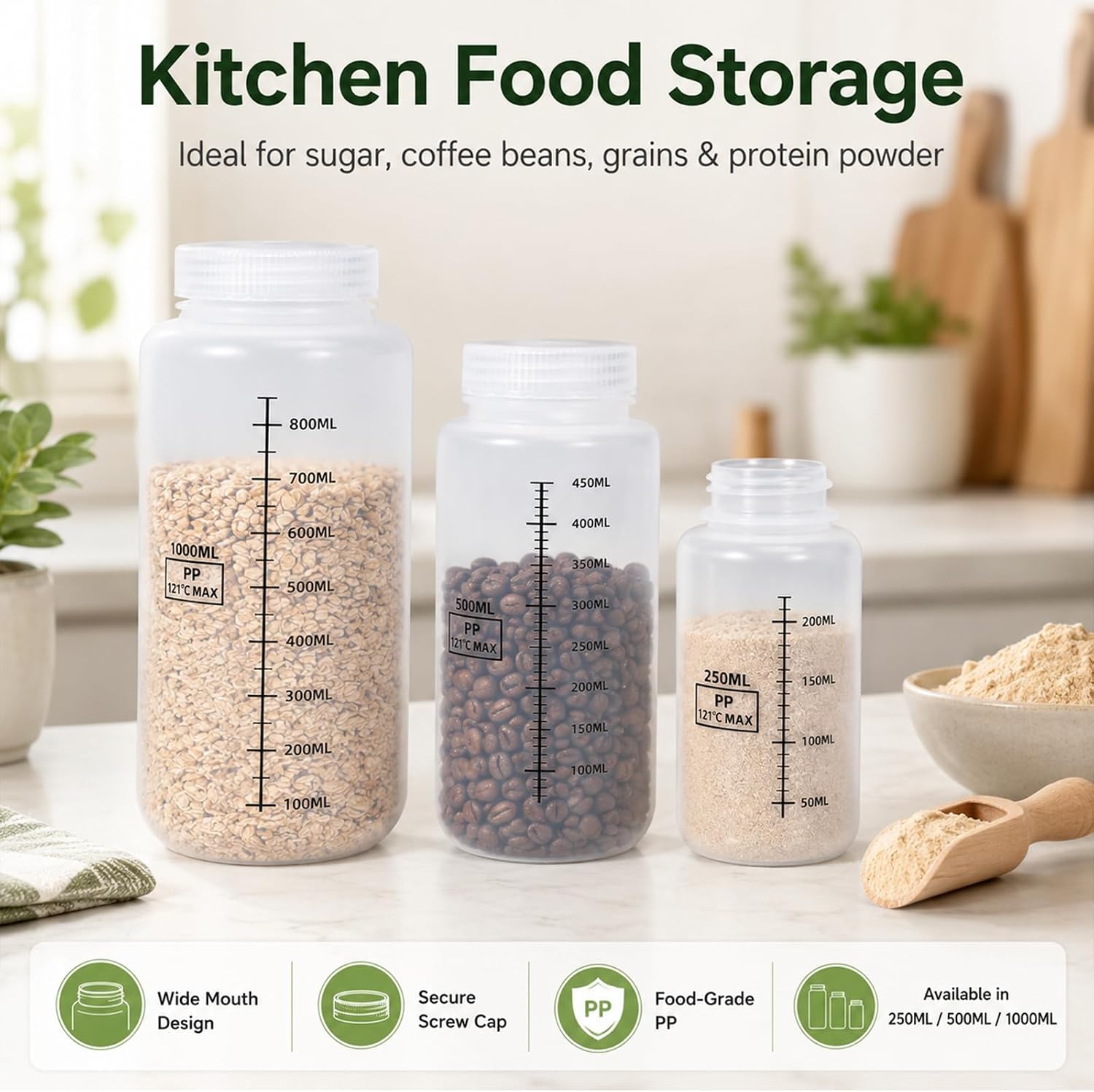 METAPACK 8 oz/250 ml Wide Mouth Reagent Bottles with Airtight Lids, Graduated Food Grade PP Sample Containers, Leakproof for Water, Lab Liquids, Medicine and Powder Storage, Clear, 5 Pack