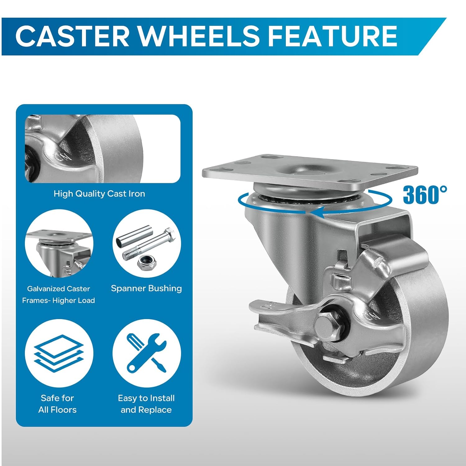 3"x1.25" Industrial Casters- Heavy Duty casters,Cast Iron Wheel,Steel Casters Set of 4 Capacity up to 1400 Lb. Use for Industrial carts, Dollies,Food Seriver Cart(4 Brake)