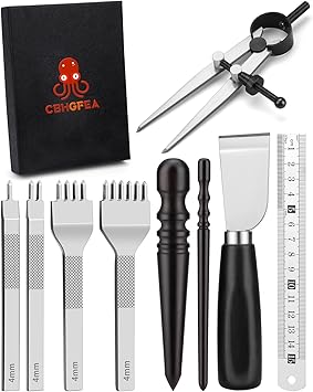 Leather Working Tools Kit Includes Cutting Knife, Edge Burnisher, 1/2/4/6 Stitching Punch, Leather Compass Geometry Tool and Steel Ruler for DIY Leathercraft DIY Projects