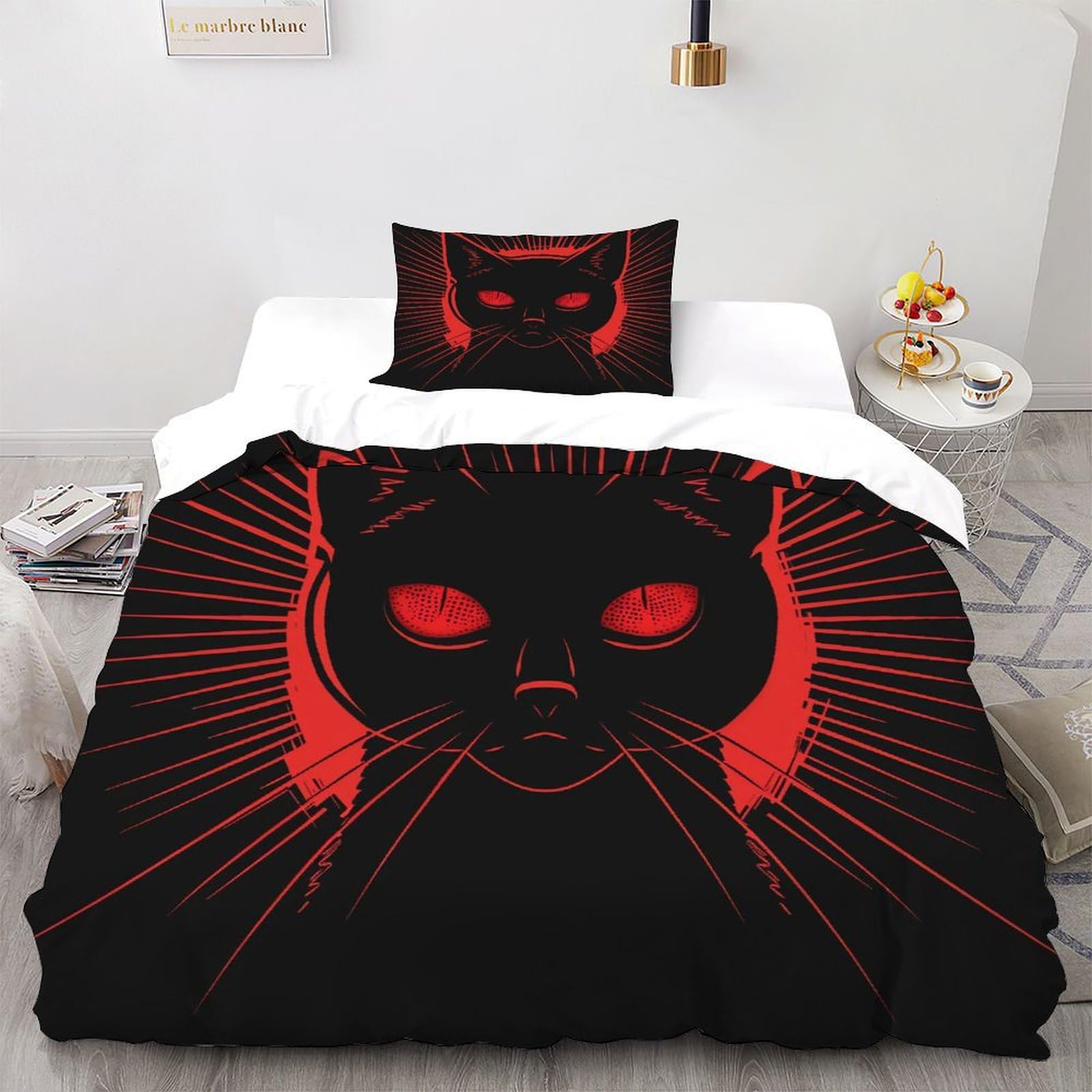 Parure de lit chat rouge en microfibre pour adulte 135x200cm avec fermeture éclair