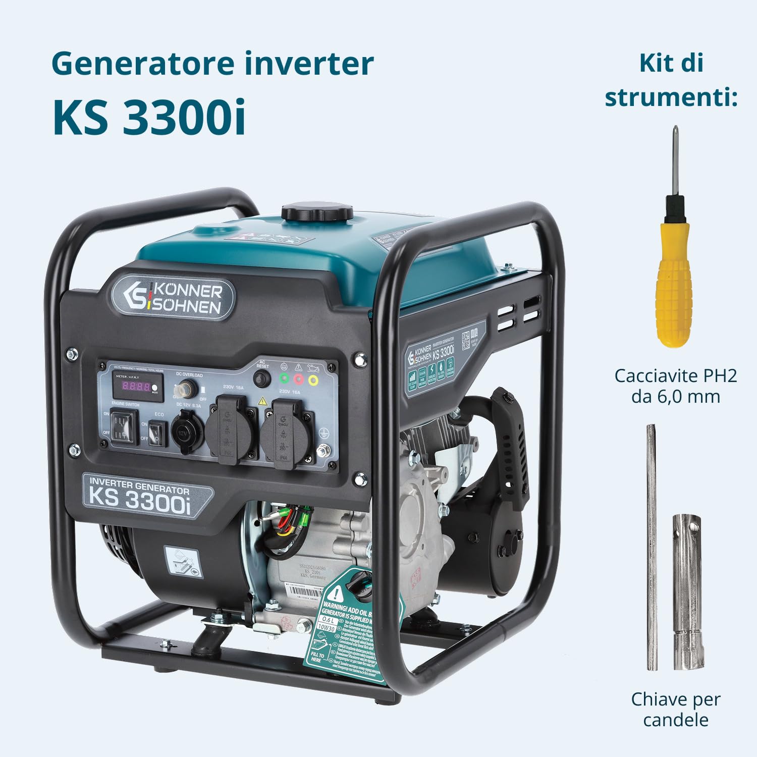 Könner & Söhnen KS 3300i. Generatore di inverter a benzina 3300 W, generatore di corrente con 2 Schuko da 230 V, generatore di emergenza con indicator