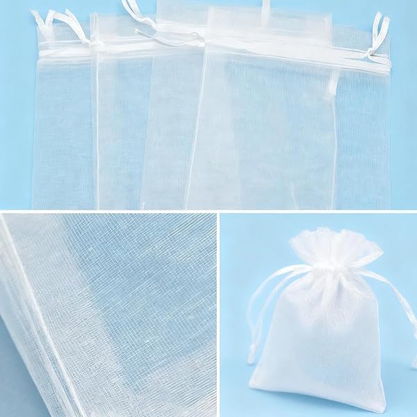 Leylve 100 Organza Bags 7 x 9 cm for Confetti, Wedding Favors, Weddings, Lavender - Ideal for Communion, Christening, Festival Parties (White) - 3