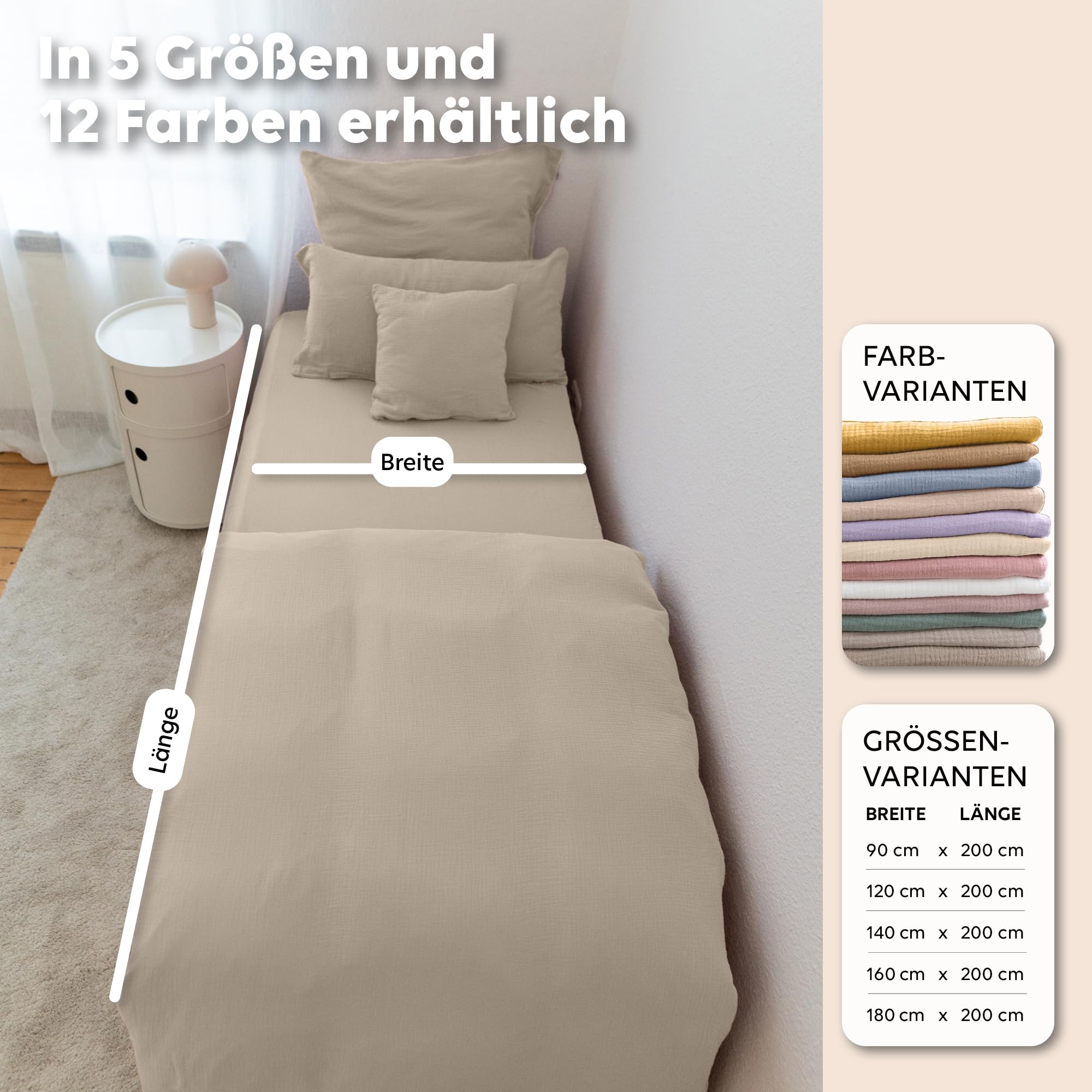 Musselin prześcieradło z gumką [12 kolorów, 90 x 200 do 180 x 200 cm] - prześcieradło do sypialni ze 100% bawełny muślinowej – przyjazne dla skóry, oddychające i miękkie – prześcieradło z gumką na