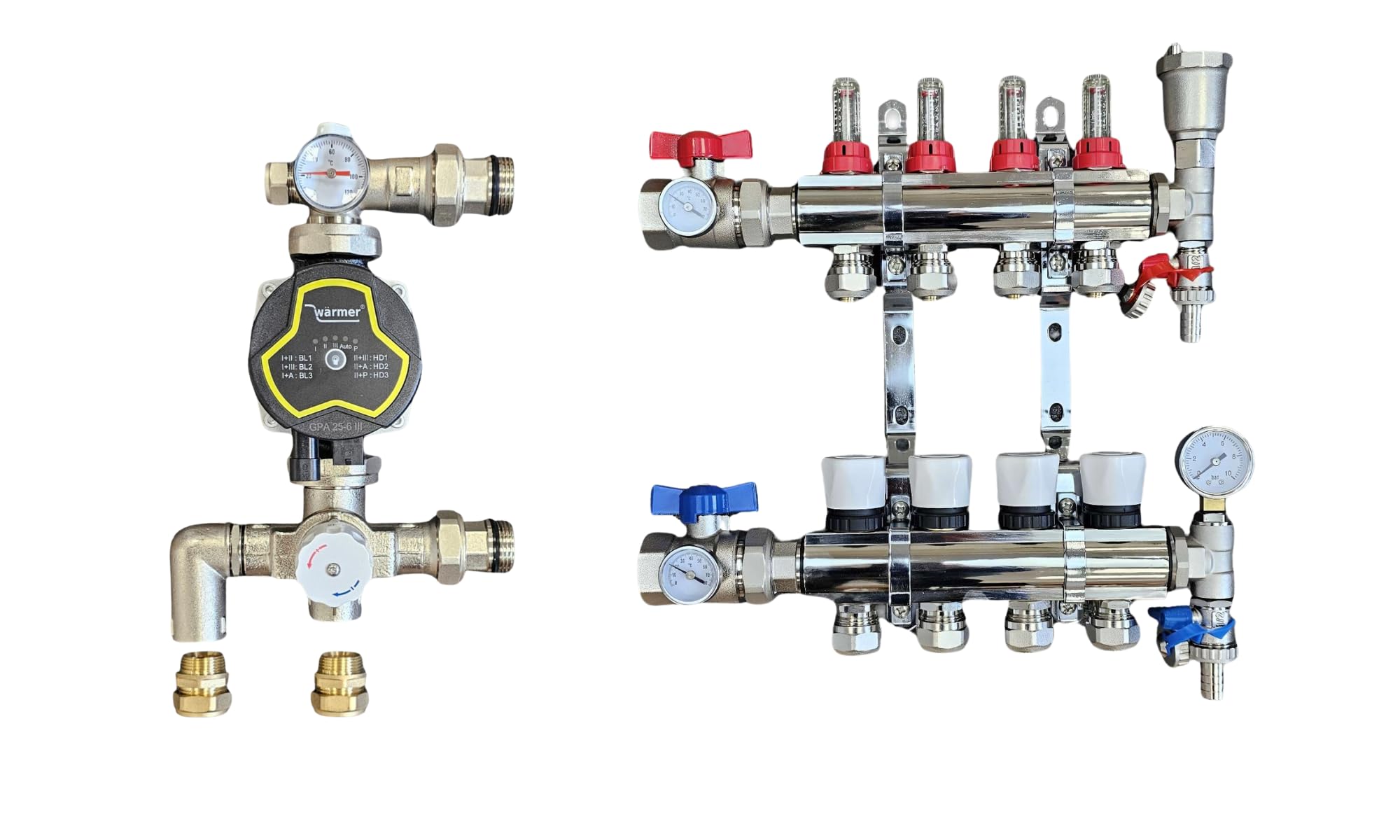 Wärmer System 4 Port Underfloor Heating Manifold with 'A' Rated Auto Pump GPA25-6 III and Blending Valve Set