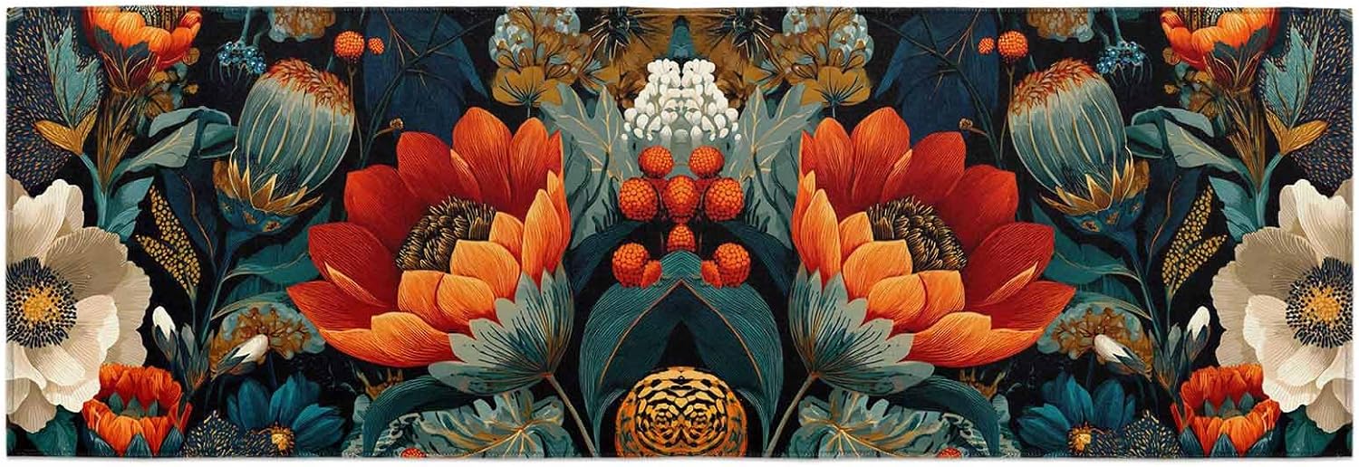 Teamery Kitchen Mats for Floor Watercolor Boho Peony Flowers Floral Washable Non Slip Kitchen Rugs 1PCS, Vintage Botantical Absorbent Standing Mats for Sink Bathroom Office Living Room 23.6x70.9in