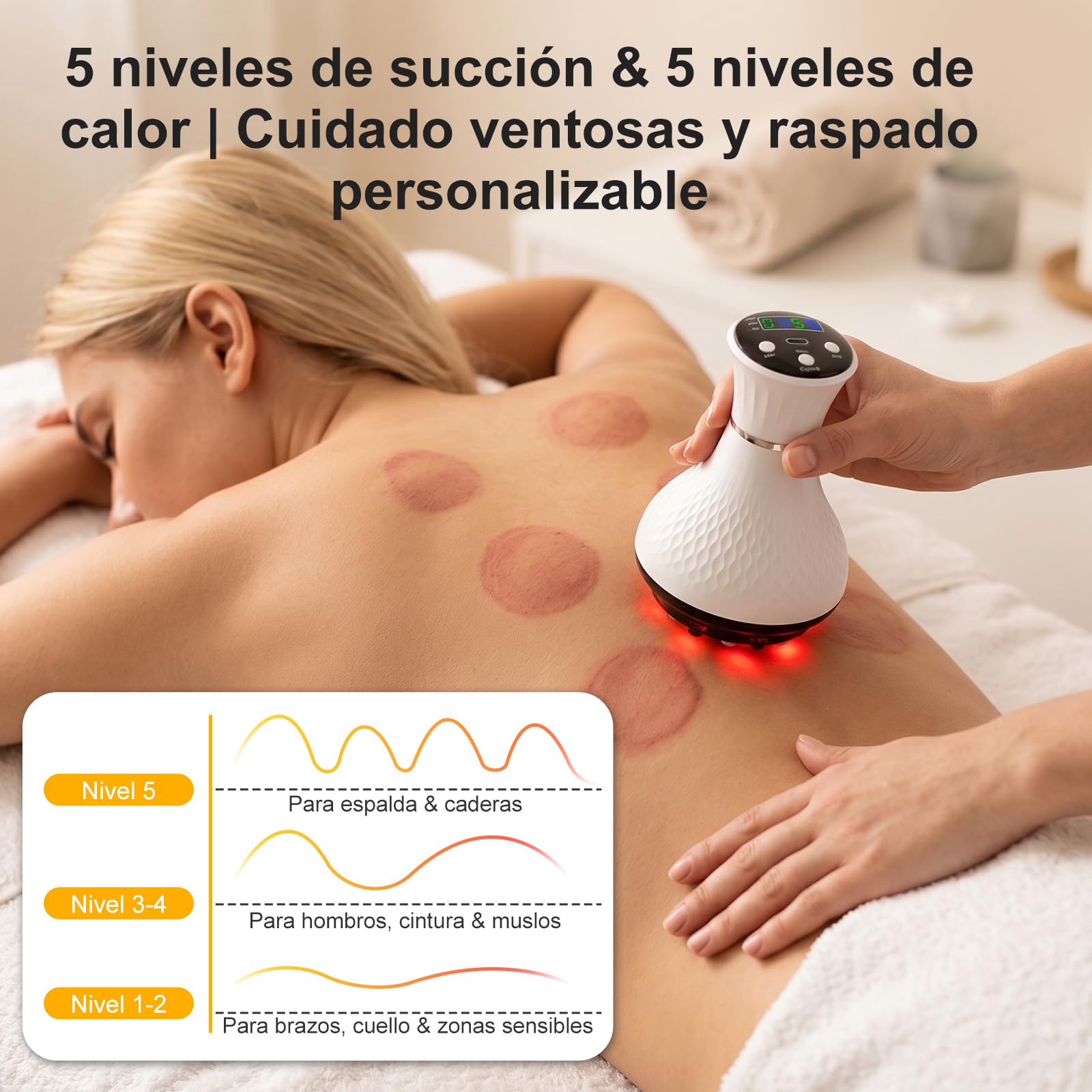 Masajeador 5 en 1: Gua Sha, Cupping, calor y EMS | Succión 5 niveles, Type-C, 248g, contactos suaves, brazos/piernas/espalda, uso diario