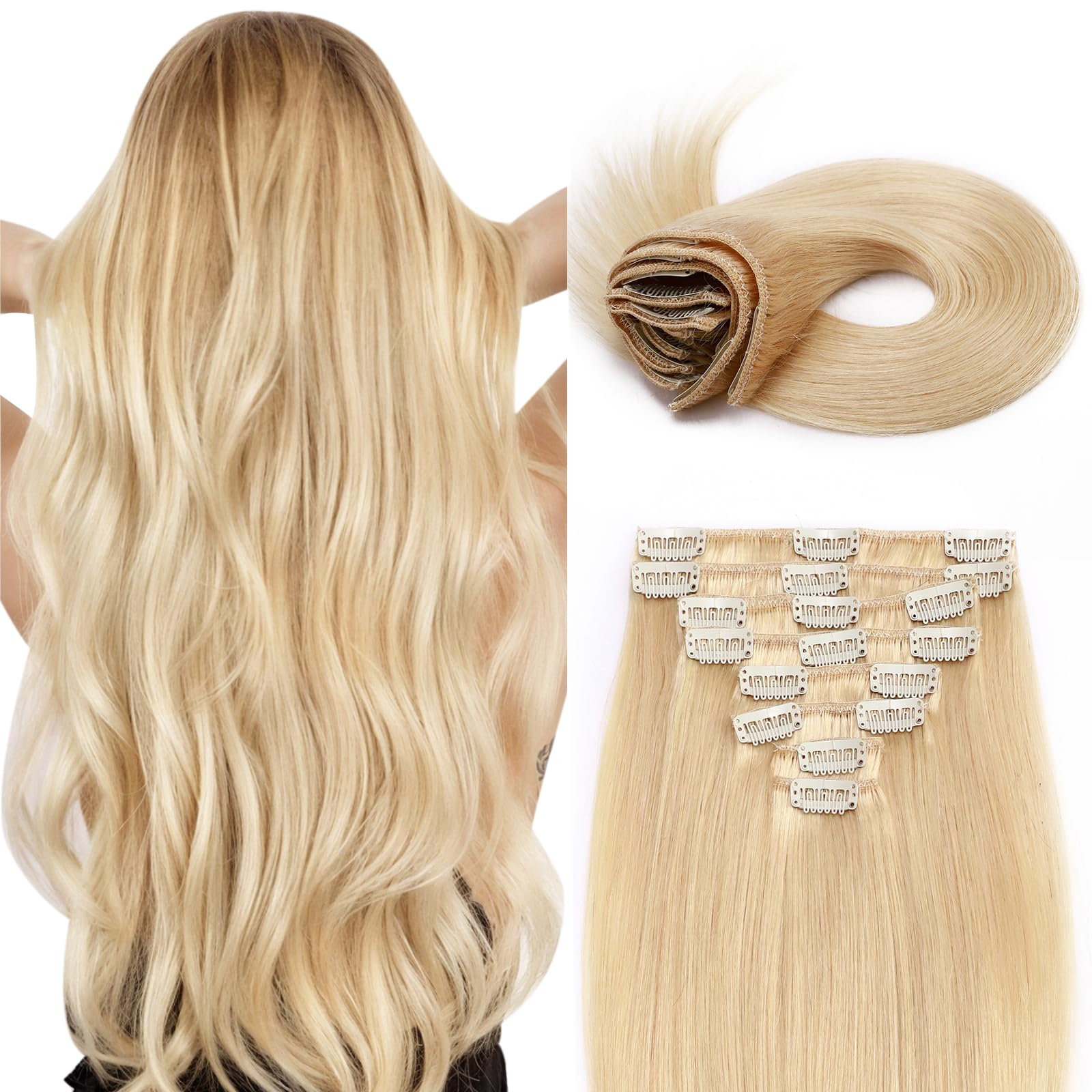 Clip In Hair Extensions Real Human Hair 16 Inch 73g Remy Hairpieces for Women Amazon.com : 16 main image 4