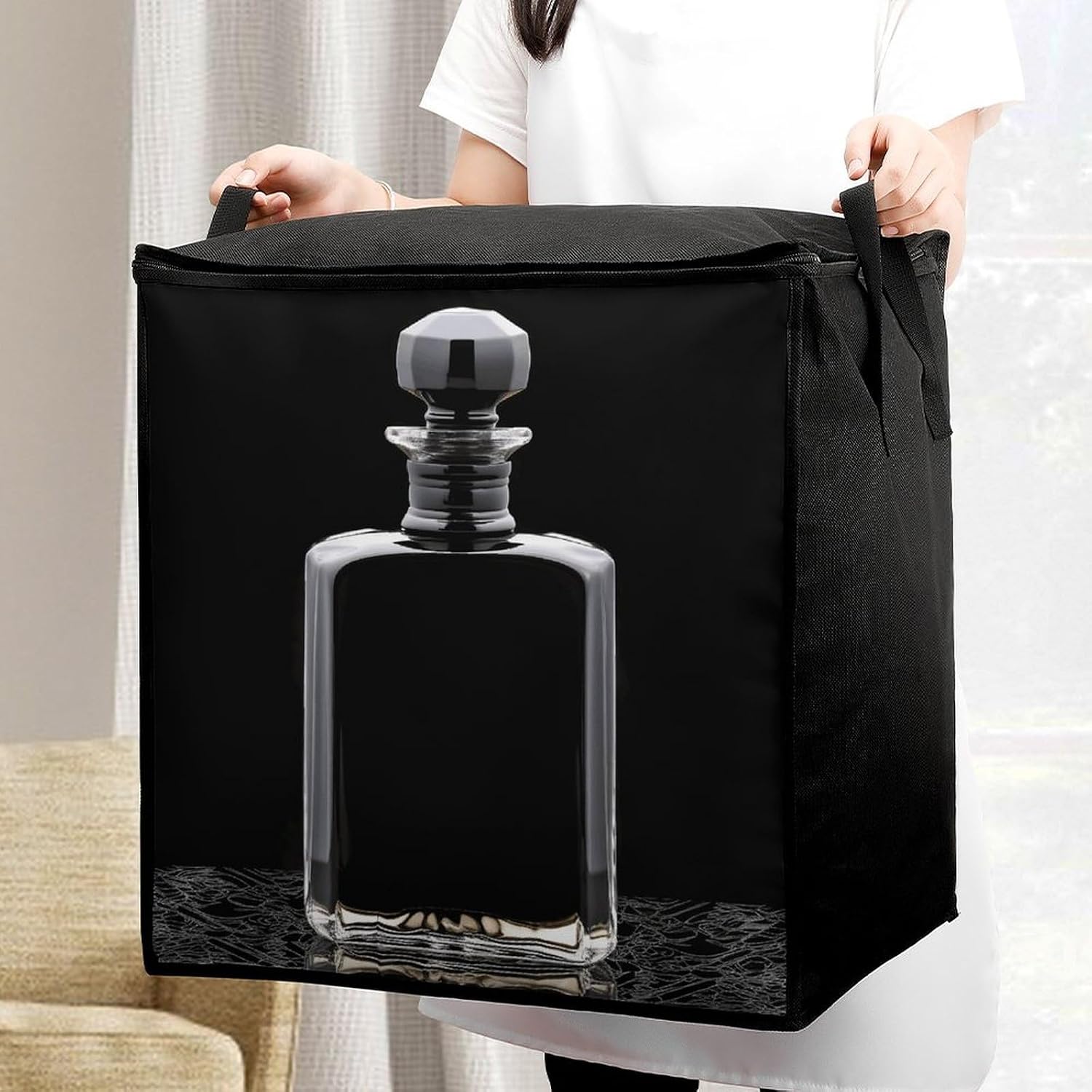 Black Perfume Bottle Comforter Storage Bag Moving Bag | Clothes Storage Bins-70L,Moving Bag With Dual Handles For Easy Carrying, Zipper Design Durability for Home,Bedroom,Closet