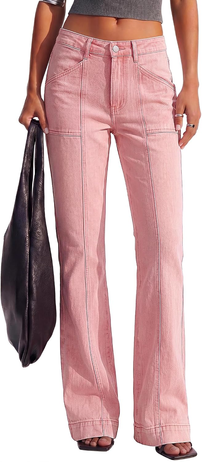 BTFBM Straight Leg Jeans for Women Stretchy Curve Appeal Pants Pink