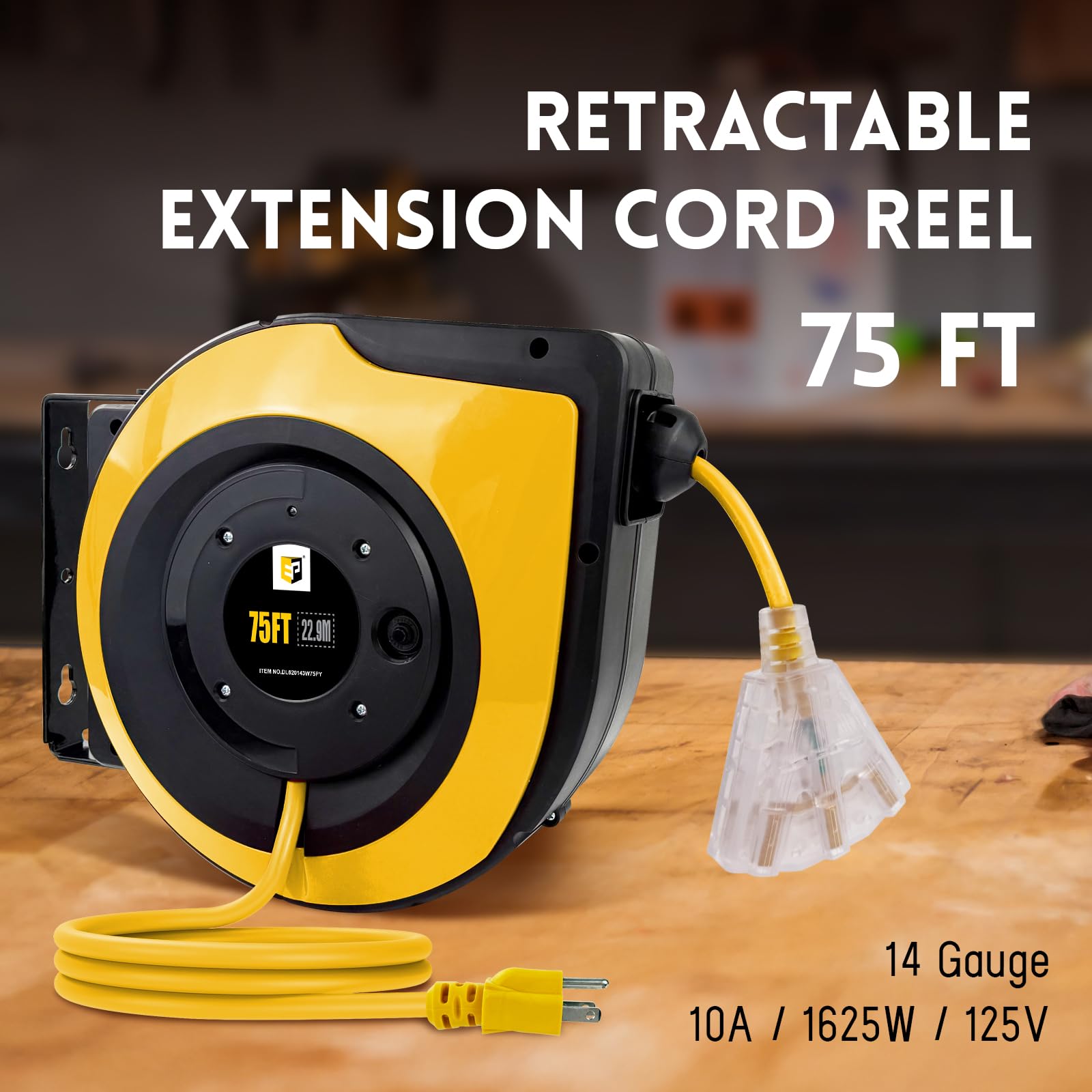 EP Bobina di prolunga retrattile, 200 m, 14 AWG/3C SJTOW, cavo di alimentazione resistente, interruttore automatico da 10 A, prese triple a 3 luci, montaggio a soffitto o a parete, uso interno/esterno