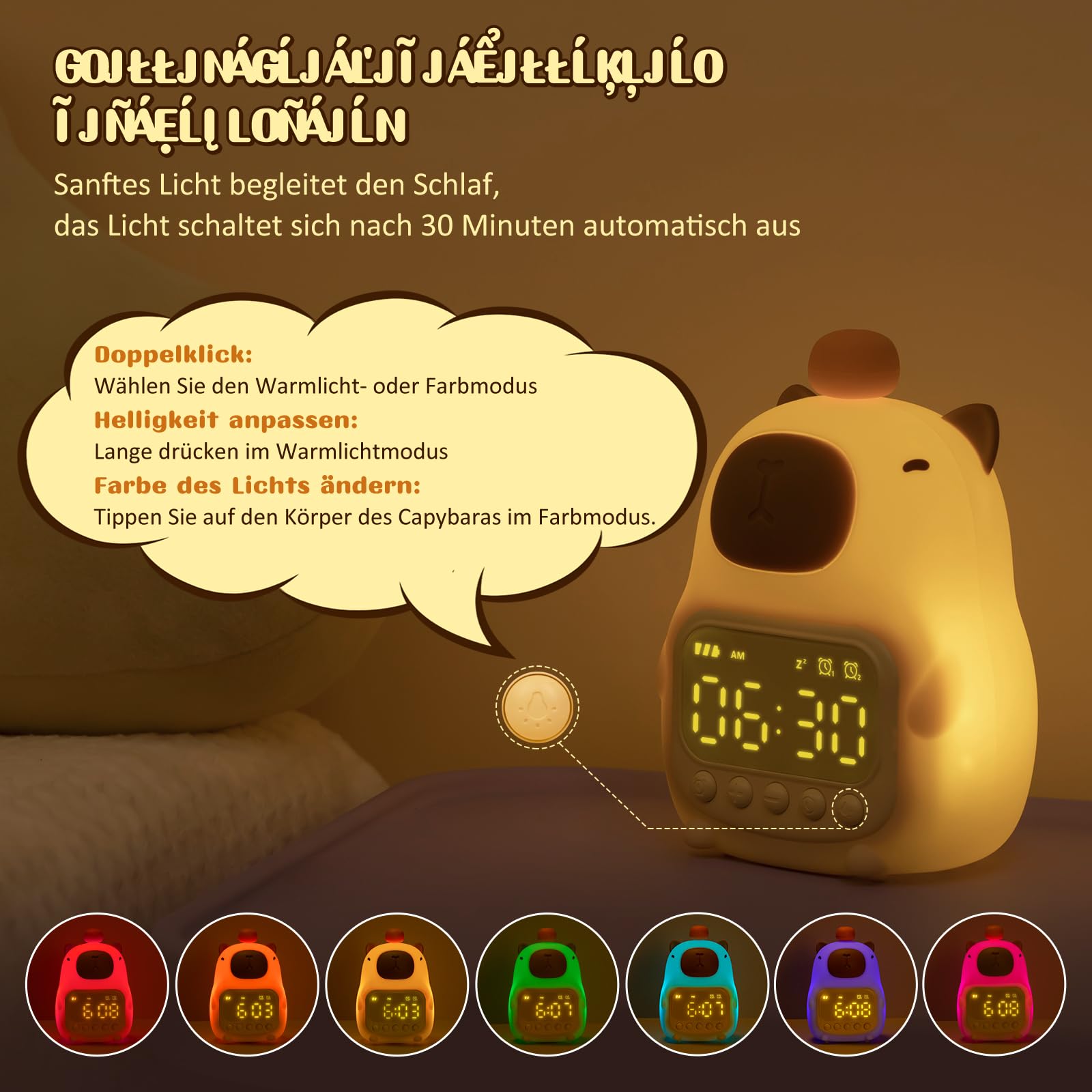 Yiliaw Capybara Wecker mit Nachtlicht für Kinder, 7 RGB-Farben Süße Wecker für Schlafzimmer, Ok to Wake Silikon Tier Tischlampe für Teenager-Mädchen und Jungen