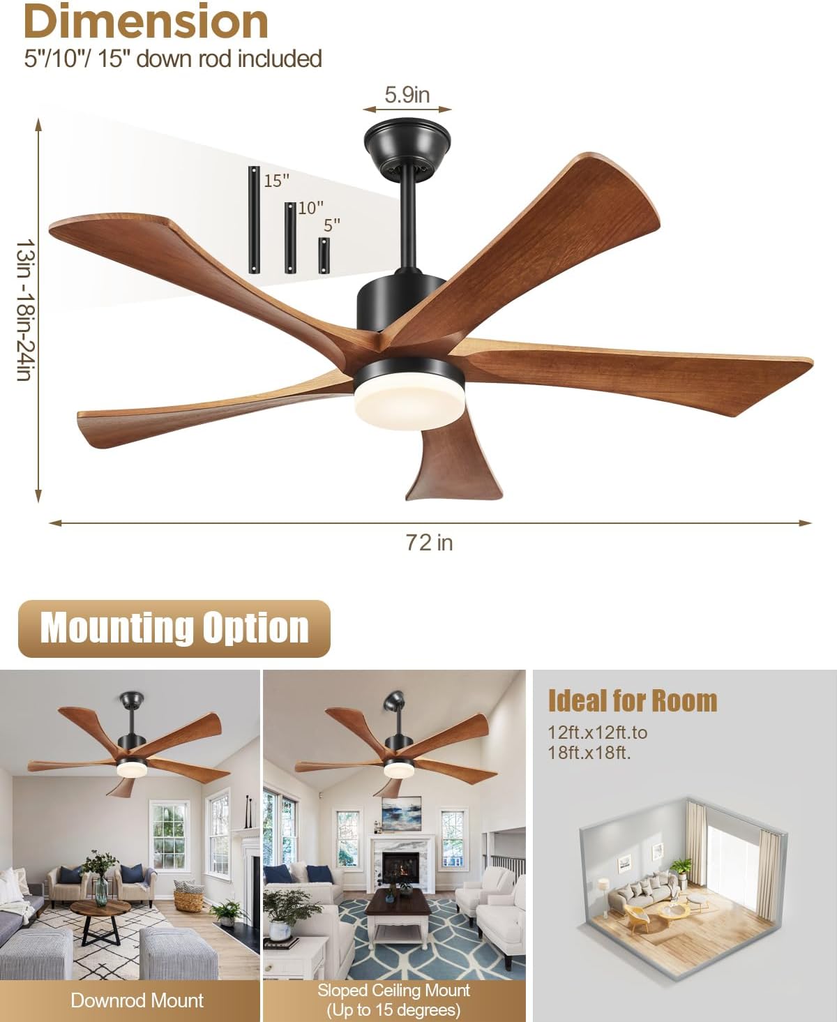 72 Inch Ceiling Fans with Lights and Remote, USA Original Patent 72" Large Ceiling Fan, 3 Downrods, 5 Wood Blades, ETL Listed, 6 Speeds Quiet DC Motor Outdoor Indoor Modern Fan, 72", Walnut