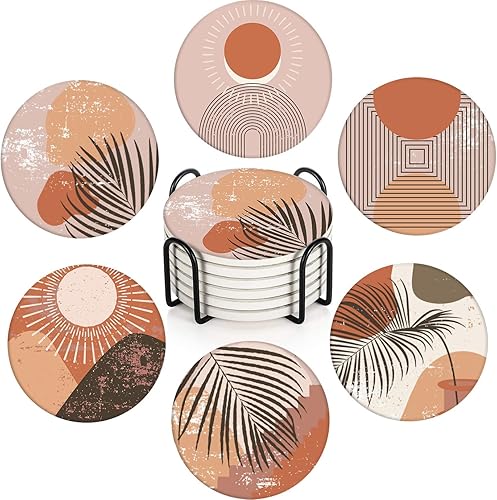 Juego de 6 posavasos para bebidas, juego de 6, tapete redondo de piedra de cerámica absorbente de terracota naranja quemado, con base de corcho y