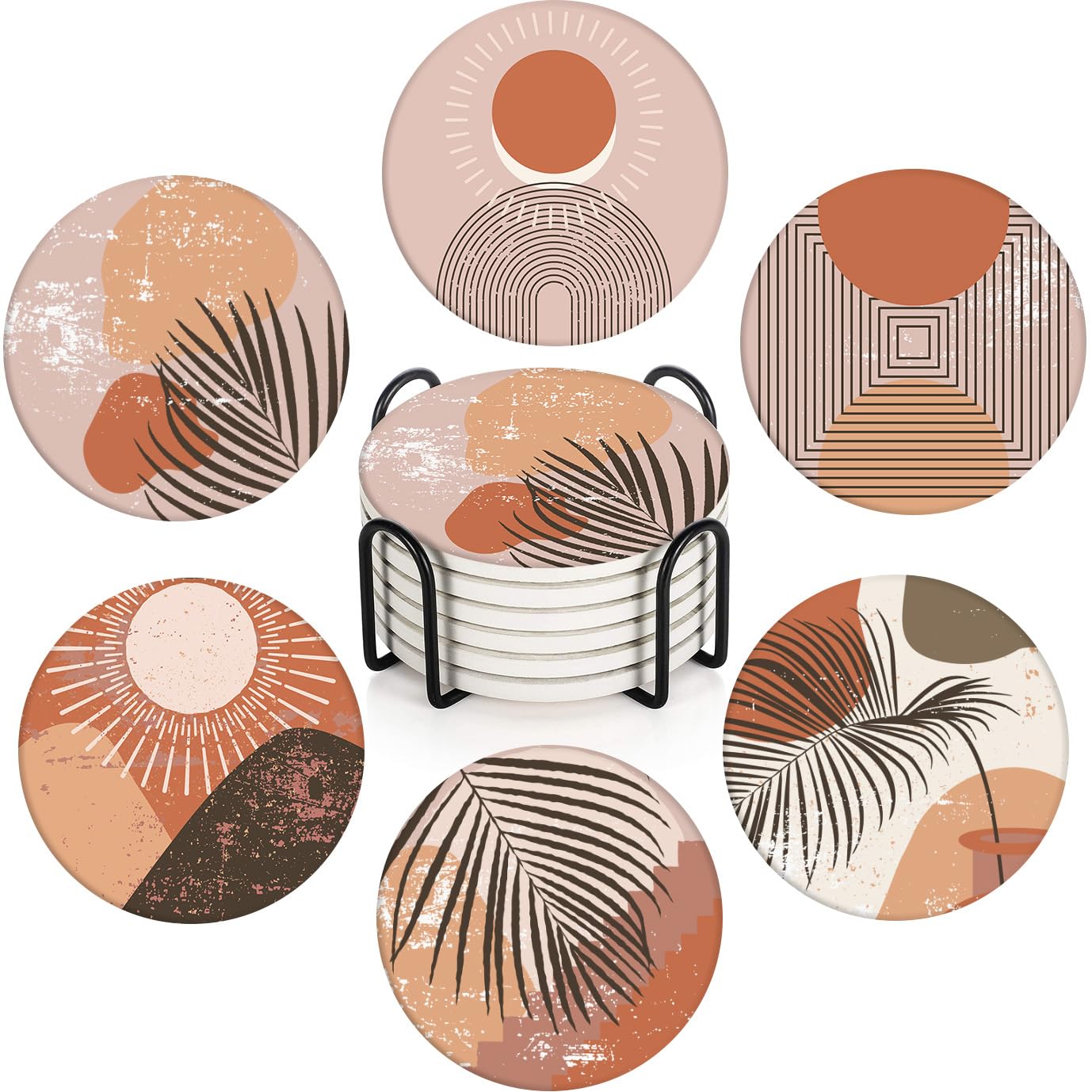 Bribay Coaster for Drinks Set of 6, Boho Aesthetic Burnt Orange Terracotta Absorbent Round Ceramic Stone Mat, with Cork Base and Metal Holder, Gift