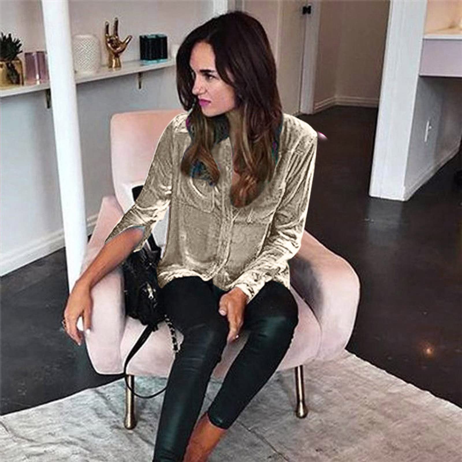 Tee Shirt Sport Femme Velvet Bouton À Manches Longues Poche Solide Haut Décontracté Chaud Chemise Douce Chemisier De Noel Hauts Pull 2 en 1 sans Manche Lot Womens Christmas Shirts Blouse