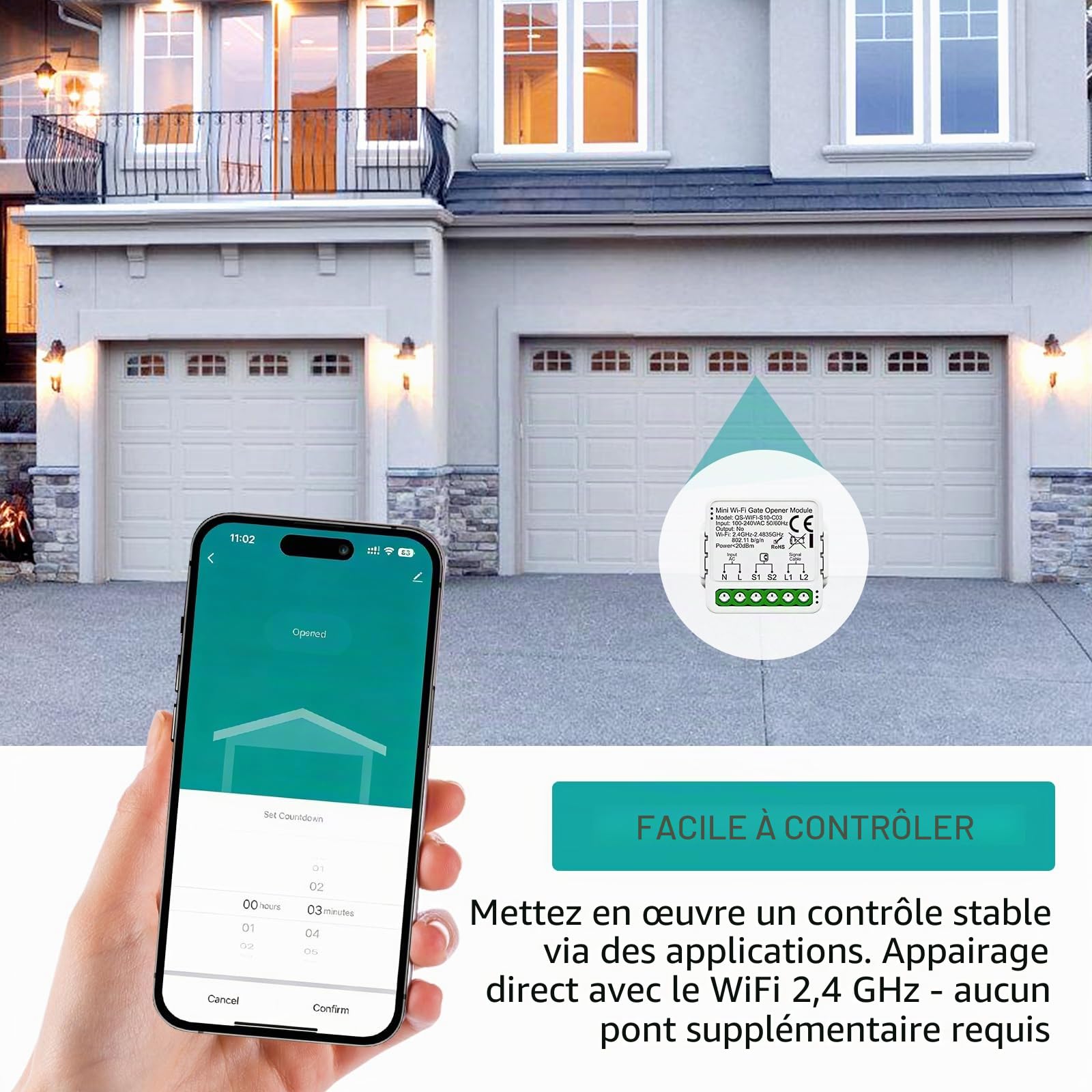 Module D’interrupteur Connecté de Garage, Commande Intelligente de Portail Roulant, Ouvre-Porte de Garage Connecté WIFI, Ouvre Portail Connecté Commande à Distance via L’application Smart Life/Tuya