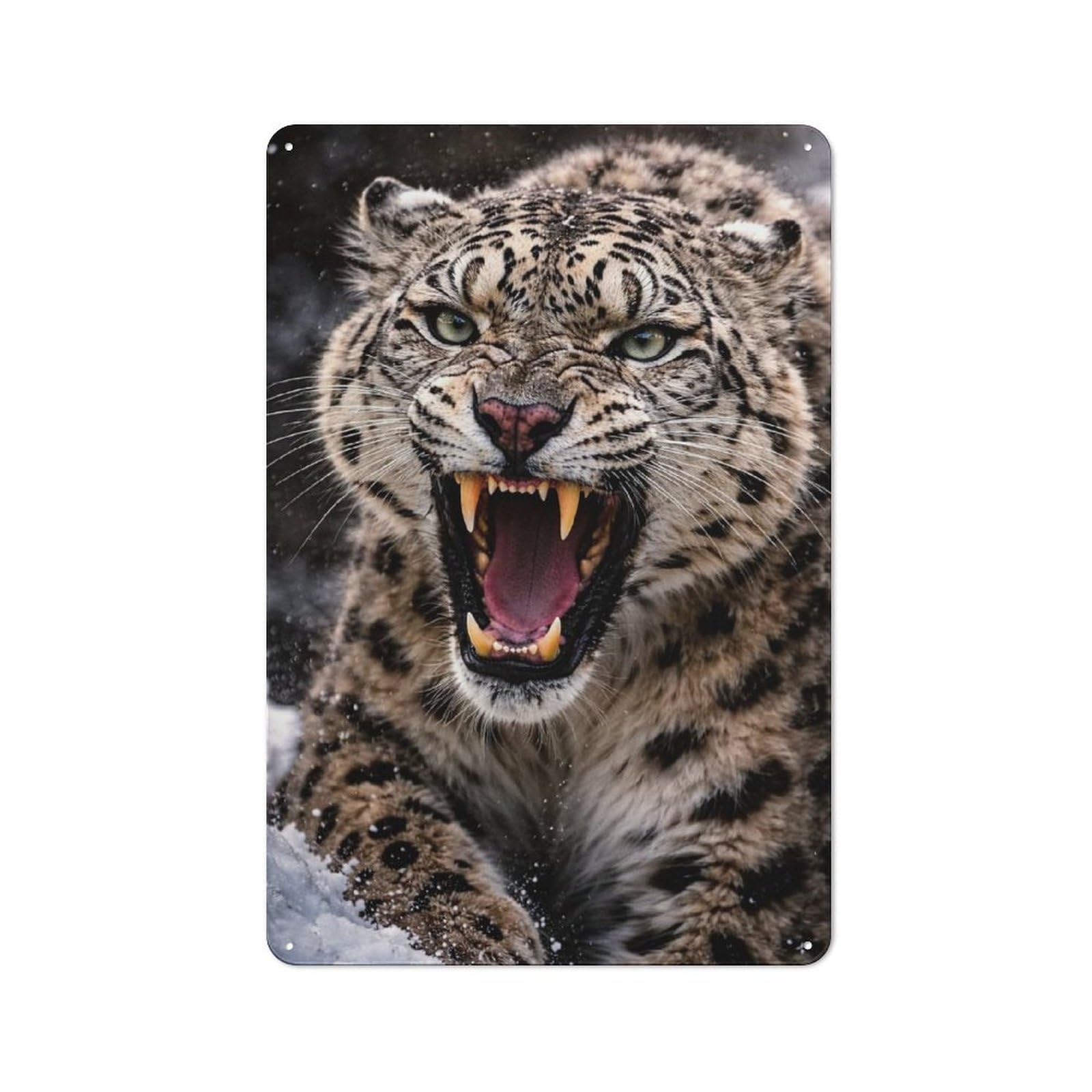 Classic Snow Leopard Roaring in Snow Metal Wall Plaque 30x20cm, Nostalgic Wall Art for Living Room, Hallway, Kitchen Or Cafe