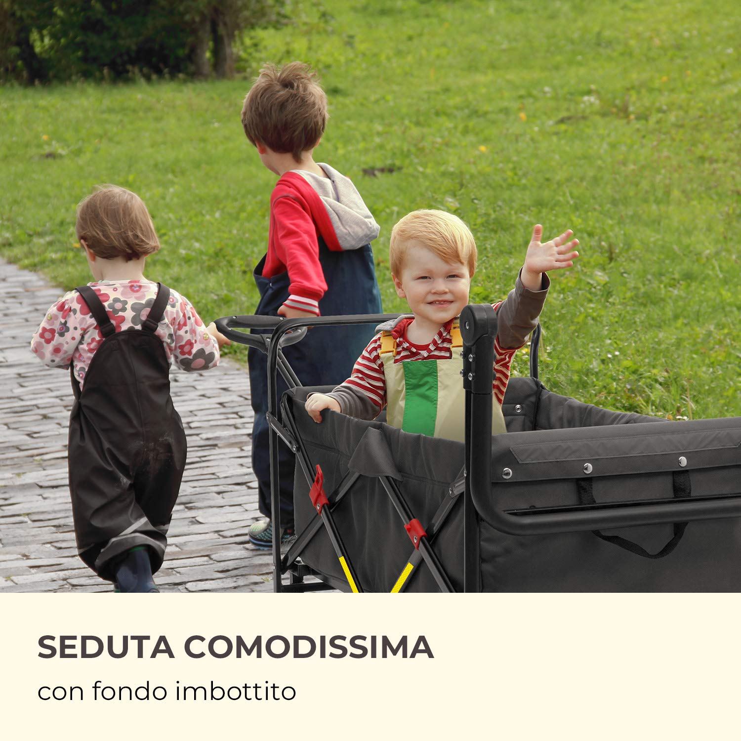 Waldbeck Easy Rider - Carretto, Carretto a Mano, Portata Fino a 70 kg, Copertura in Poliestere 600D, 2 Cinture di Sicurezza per Bambini, Pieghevole, Braccio Telescopico, Grigio