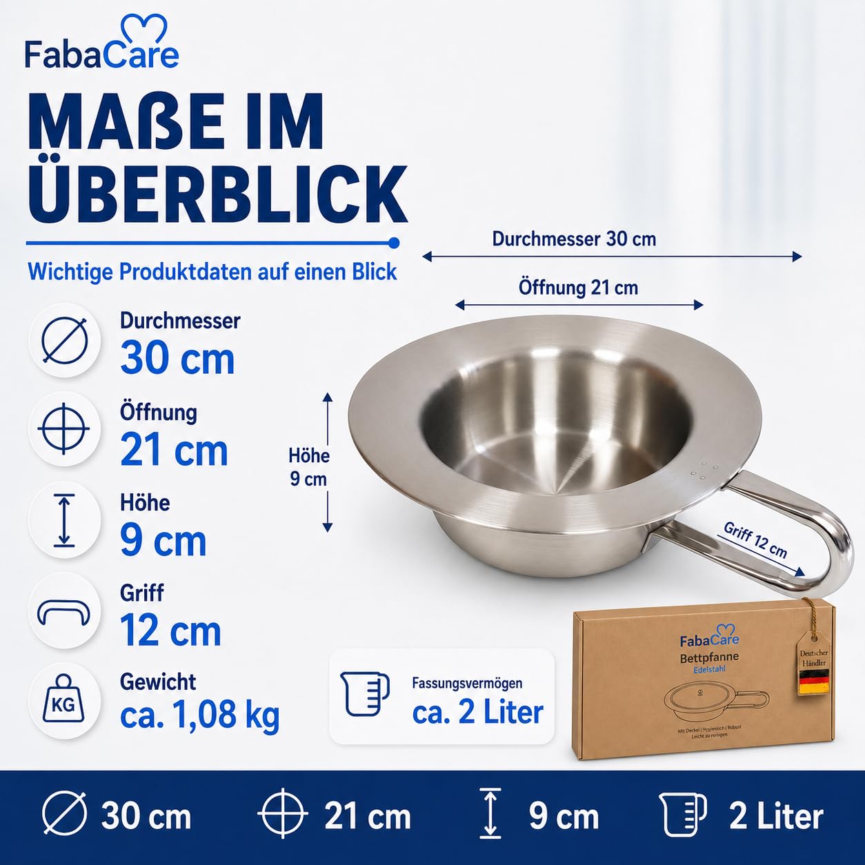 FabaCare Bettpfanne Edelstahl mit Deckel für Erwachsene, 2 Liter | Stechbecken 2 Liter für Pflege, Klinik & Zuhause – robust, hygienisch, leicht zu reinigen und diskret griffbereit