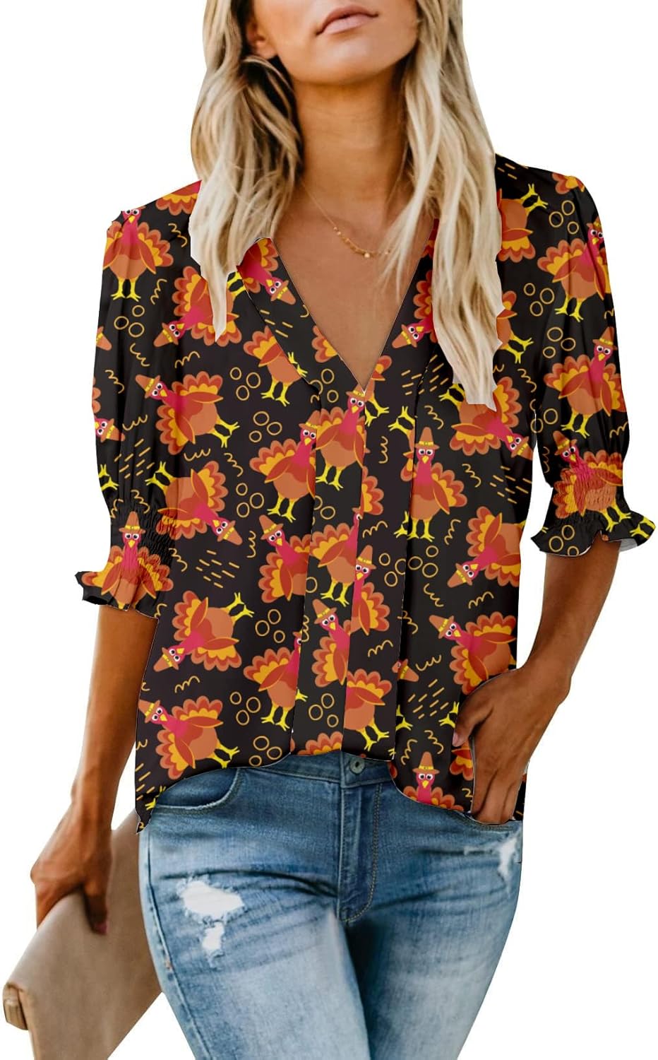 Halloween Women's Dressy Tops Smocked Sleeve Deep V Neck JackoLantern Costume Pumpkin Blouse