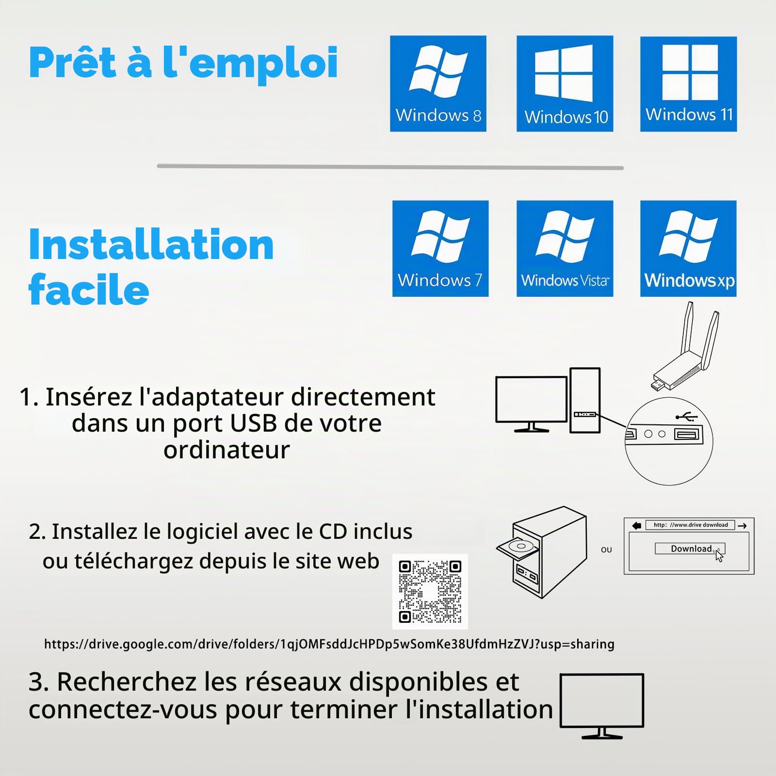 AC1300 Mbps cle WiFi, Double antenne WiFi USB 3.0 Double Bande, 2.4G / 5GHz, MU-MIMO clé WiFi, Carte WiFi pour pc antenne à Gain élevé 5dBi, Compatible avec Windows 11/10/8.1/8/7/XP