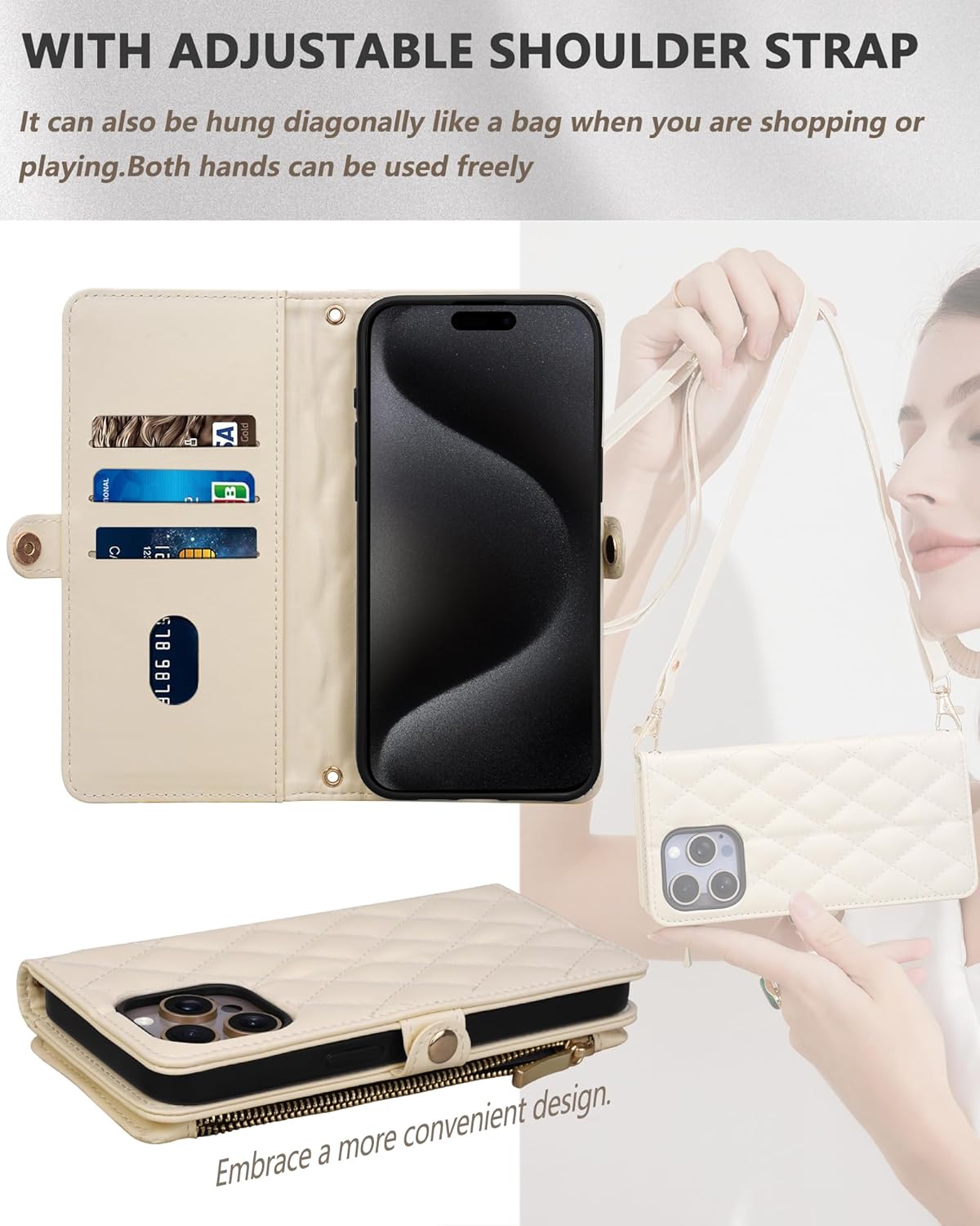 for iPhone 15 Pro Max Wallet Case 6.7" with Mirror, Wristlet & Crossbody Strap, Zipper Card Holder - RFID Blocking, Flip Magnetic Shockproof Protective Cover with Kickstand for Women, Beige
