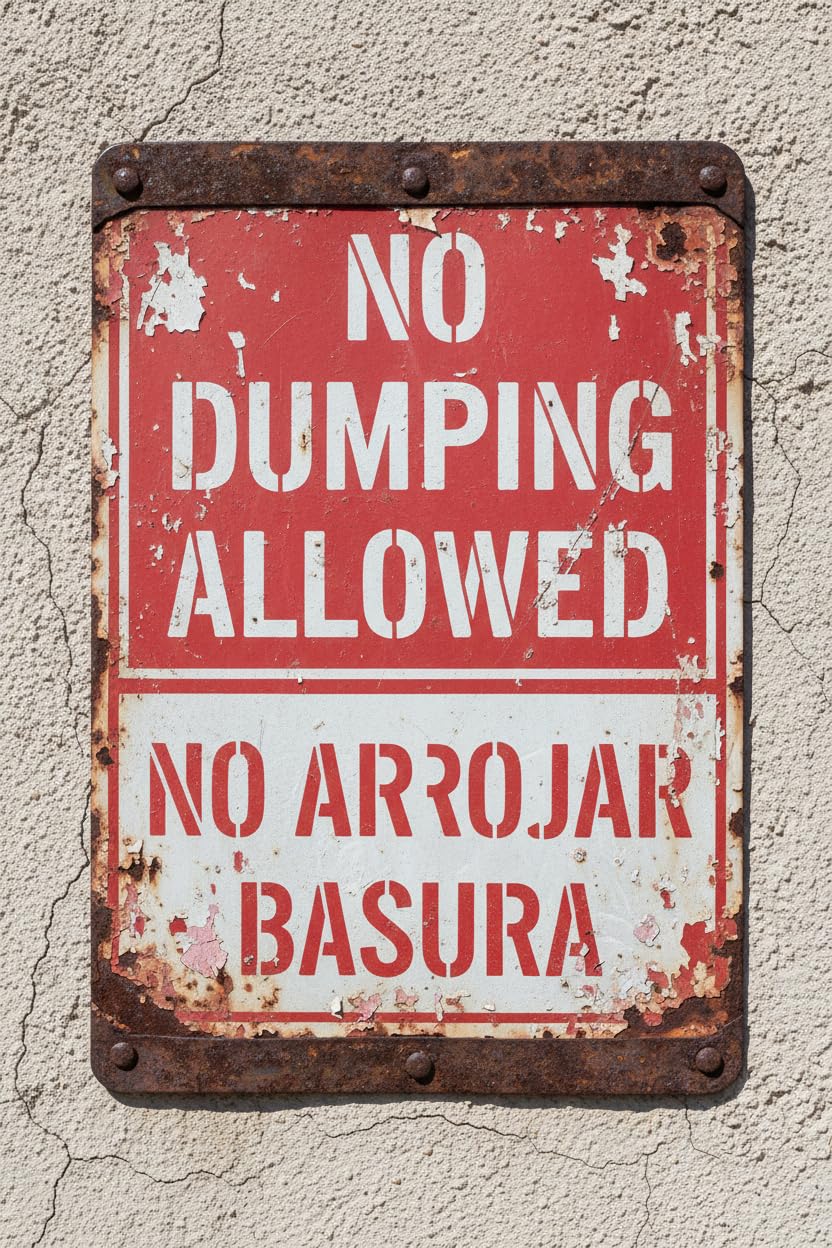 Wall Decor No Dumping Allowed No Arrojar Basura English Spanish Bilingual Restriction Caution Warning Notice Aluminum Metal Tin 8"x12" Sign Plate Vintage Signs Plates Printed