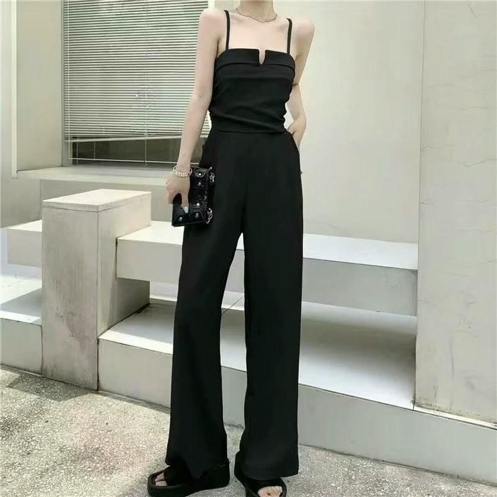 Mono De Verano Mono De Verano Ajustado De Pierna Ancha con Tirantes para Mujer