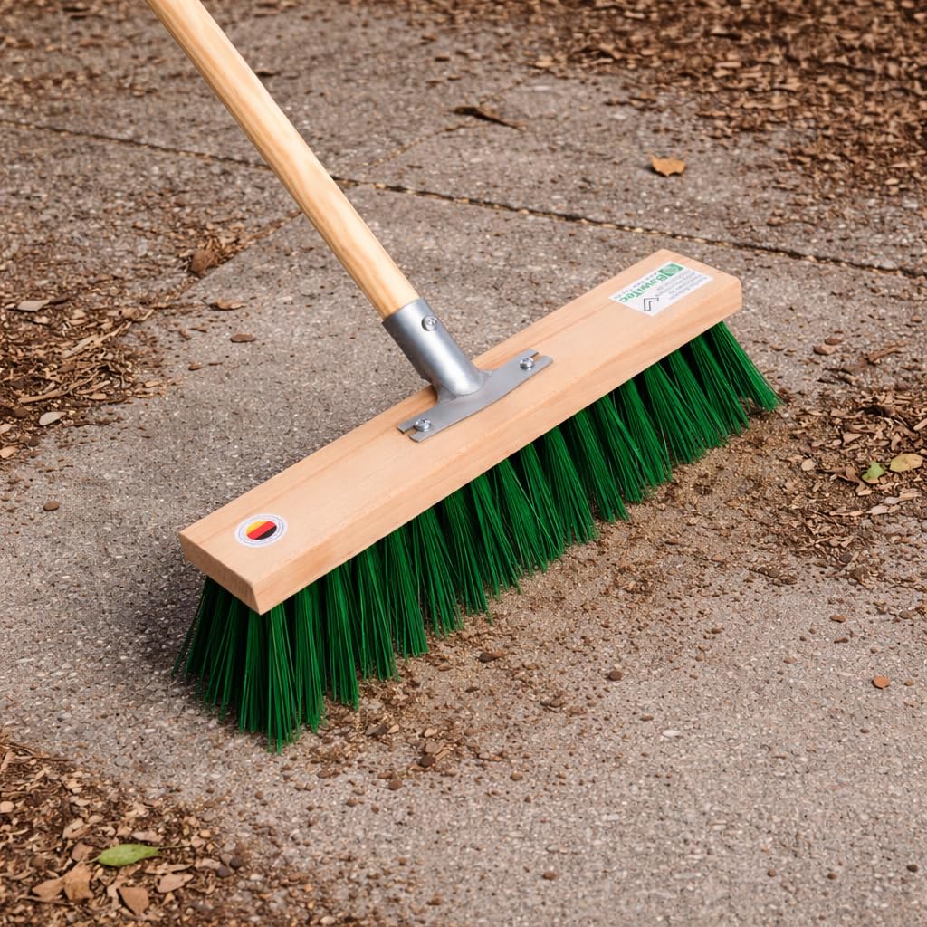 Profi Straßenbesen Extra Lange grüne Kunst Borsten 40cm Besen mit Stiel 160 | Robuste PT-Kunststoff-Borsten, Mit Geräte-Holzstiel 155cm Lang, Für Draußen, Für Groben Schmutz, Gartenbesen